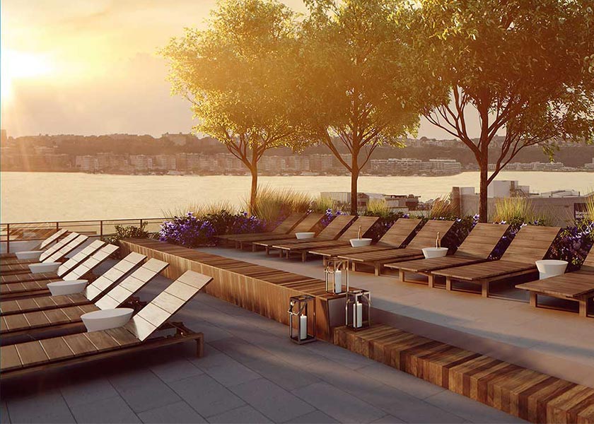 Architectural Rendering of the terrace of the 535 West and 43rd Street project located in Hell's Kitchen, New York City
