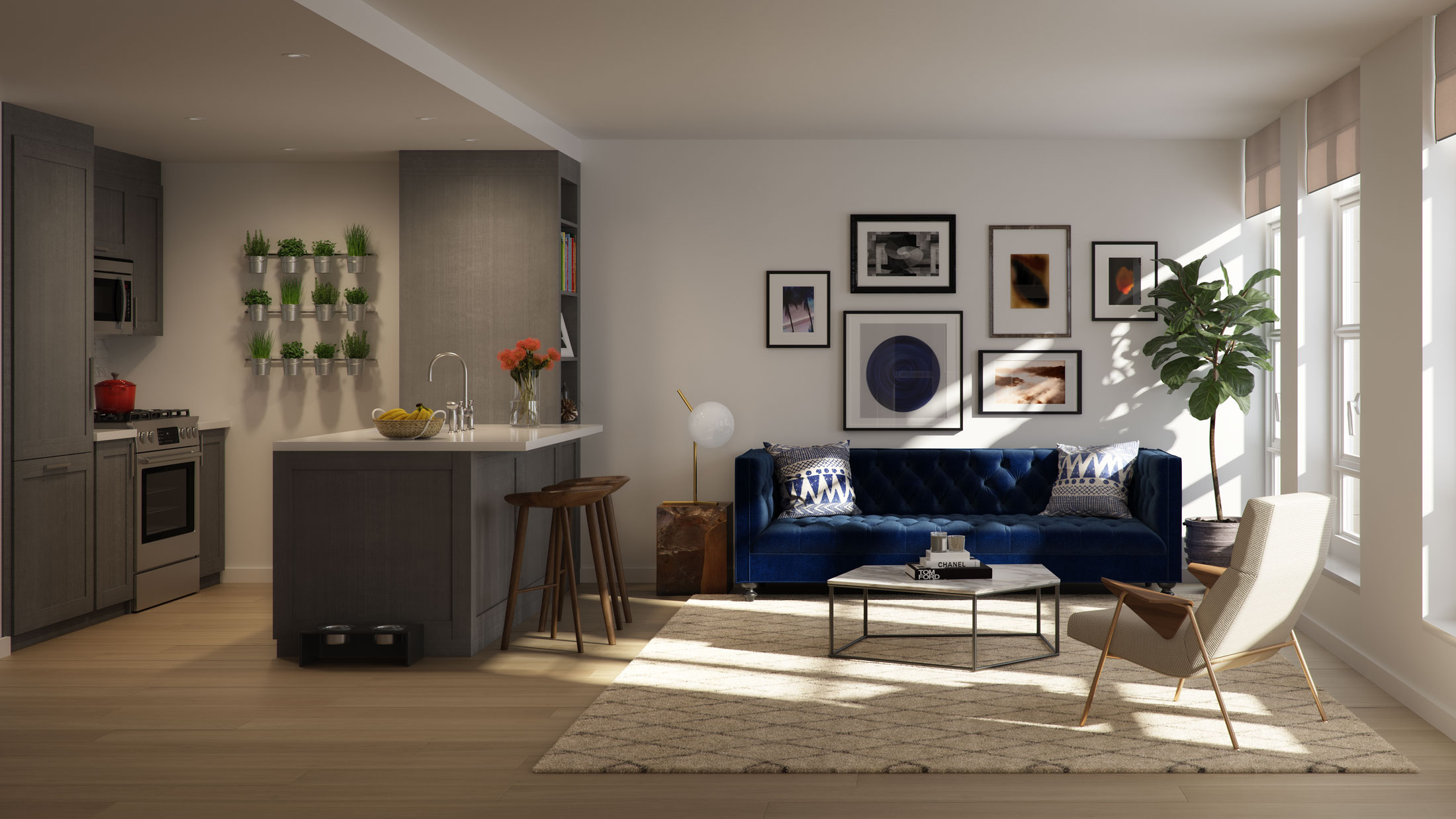 Architectural Rendering of the living room of the 261 Hudson project located in West Soho, New York City