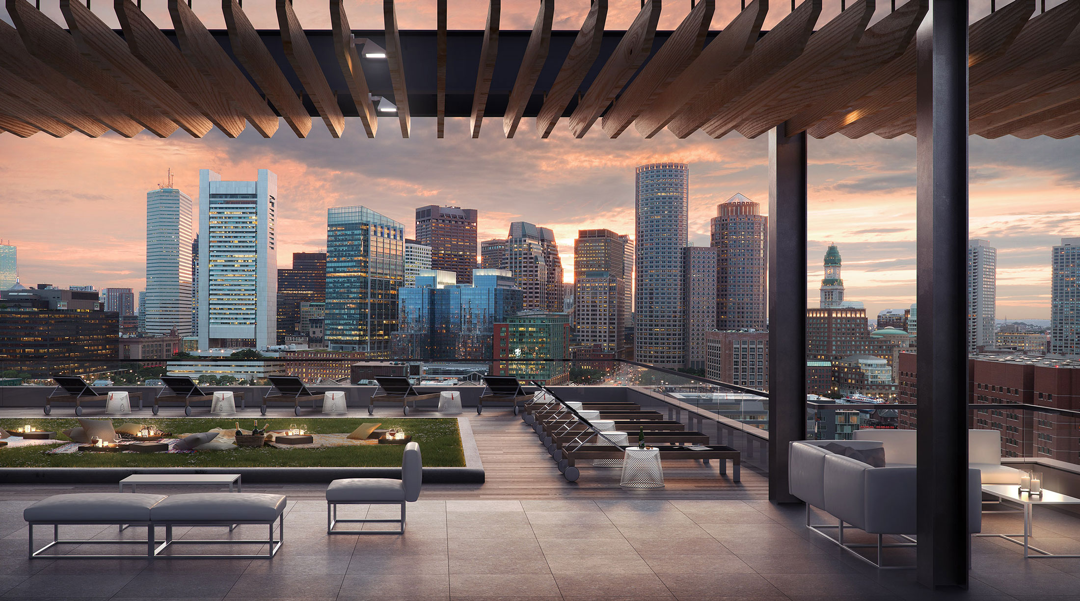 Architectural Rendering of the terrace of the Watermark Seaport project located in Boston, Massachusetts
