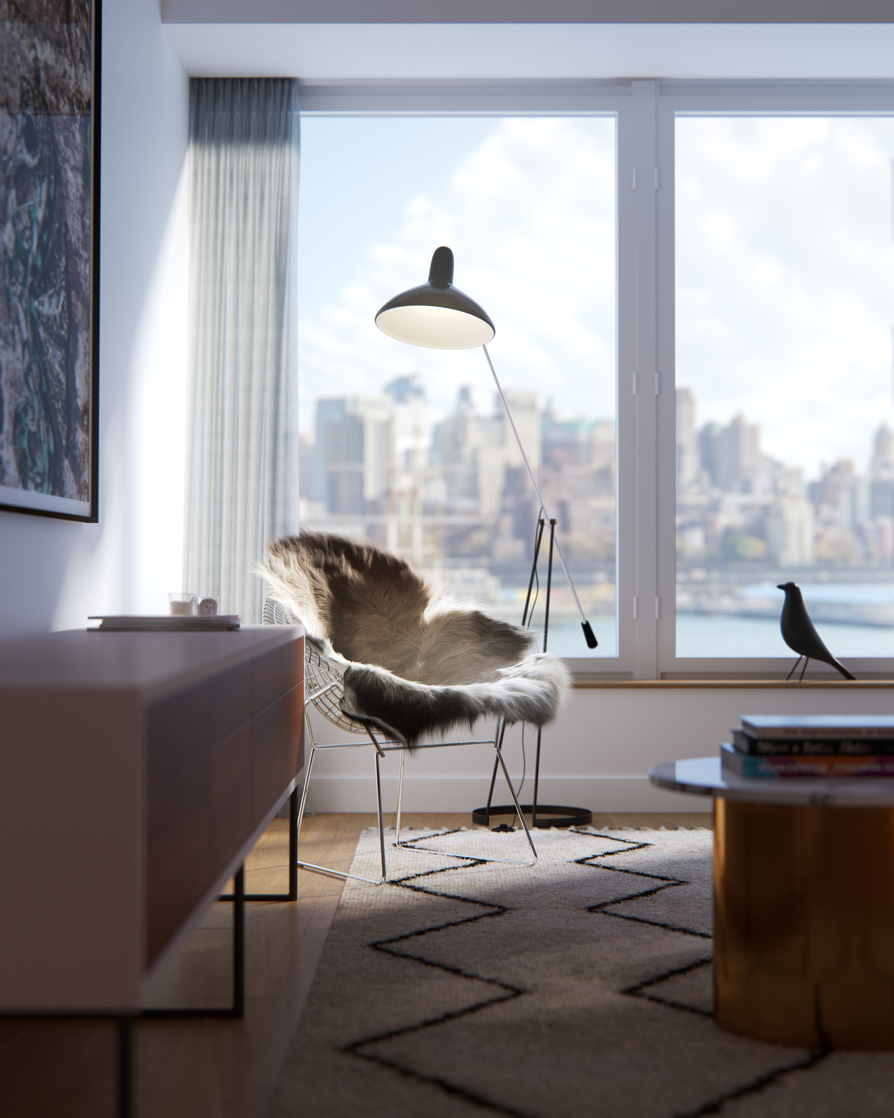 Architectural Rendering of the living room of the 180 Water Street project located in the Financial District, New York City