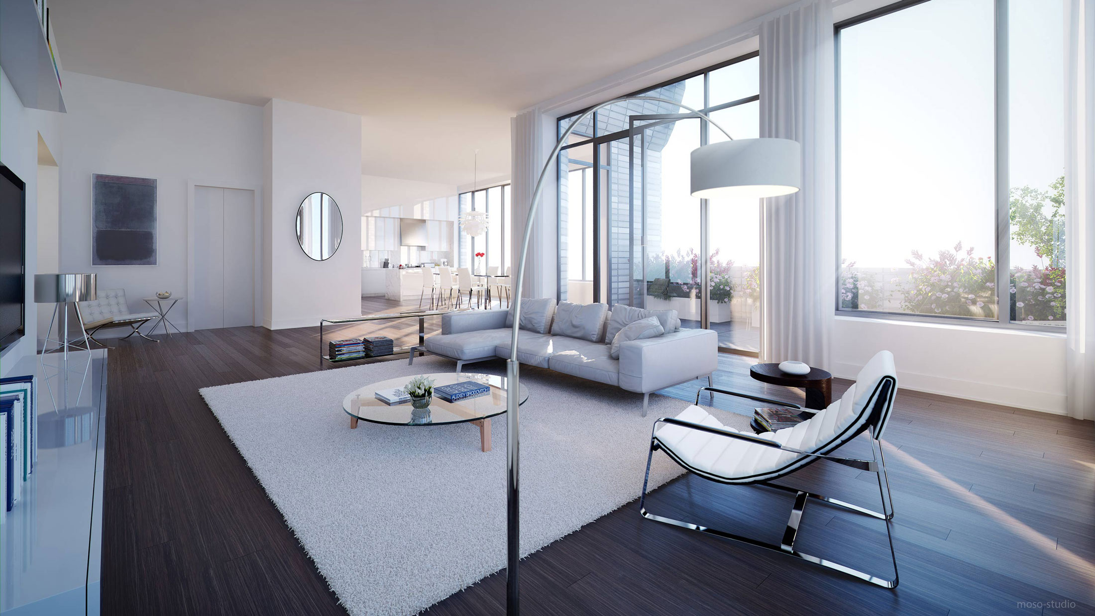 Architectural Rendering of the living room of the 5 Franklin Place project located in Tribeca, New York City