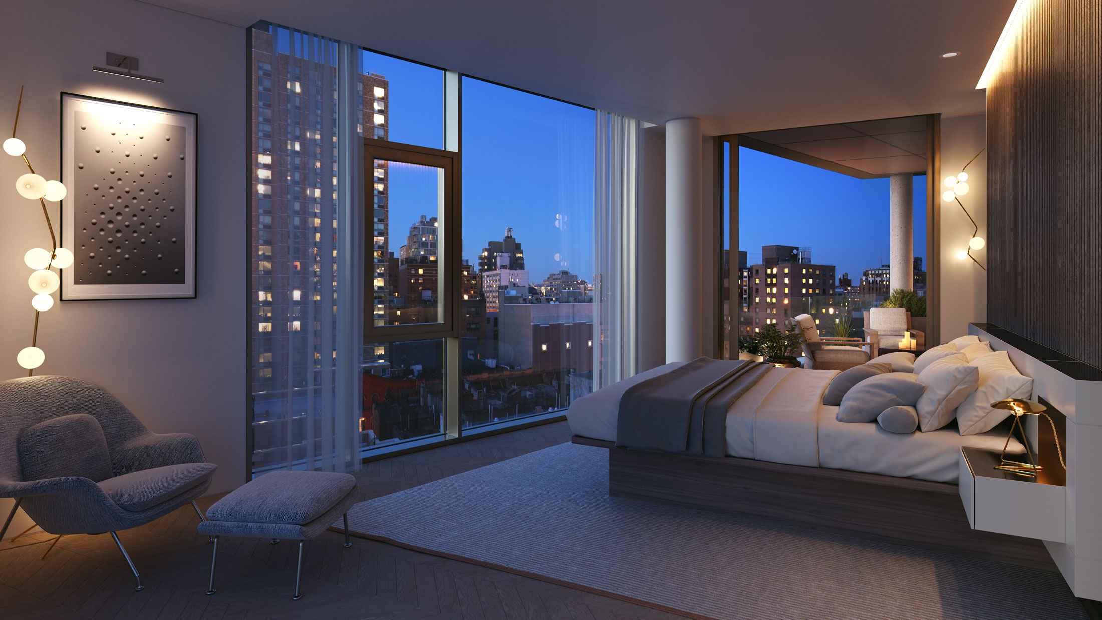 Architectural Rendering of the master bedroom of the 80 East 10th Street project located in Greenwich Village in New York City