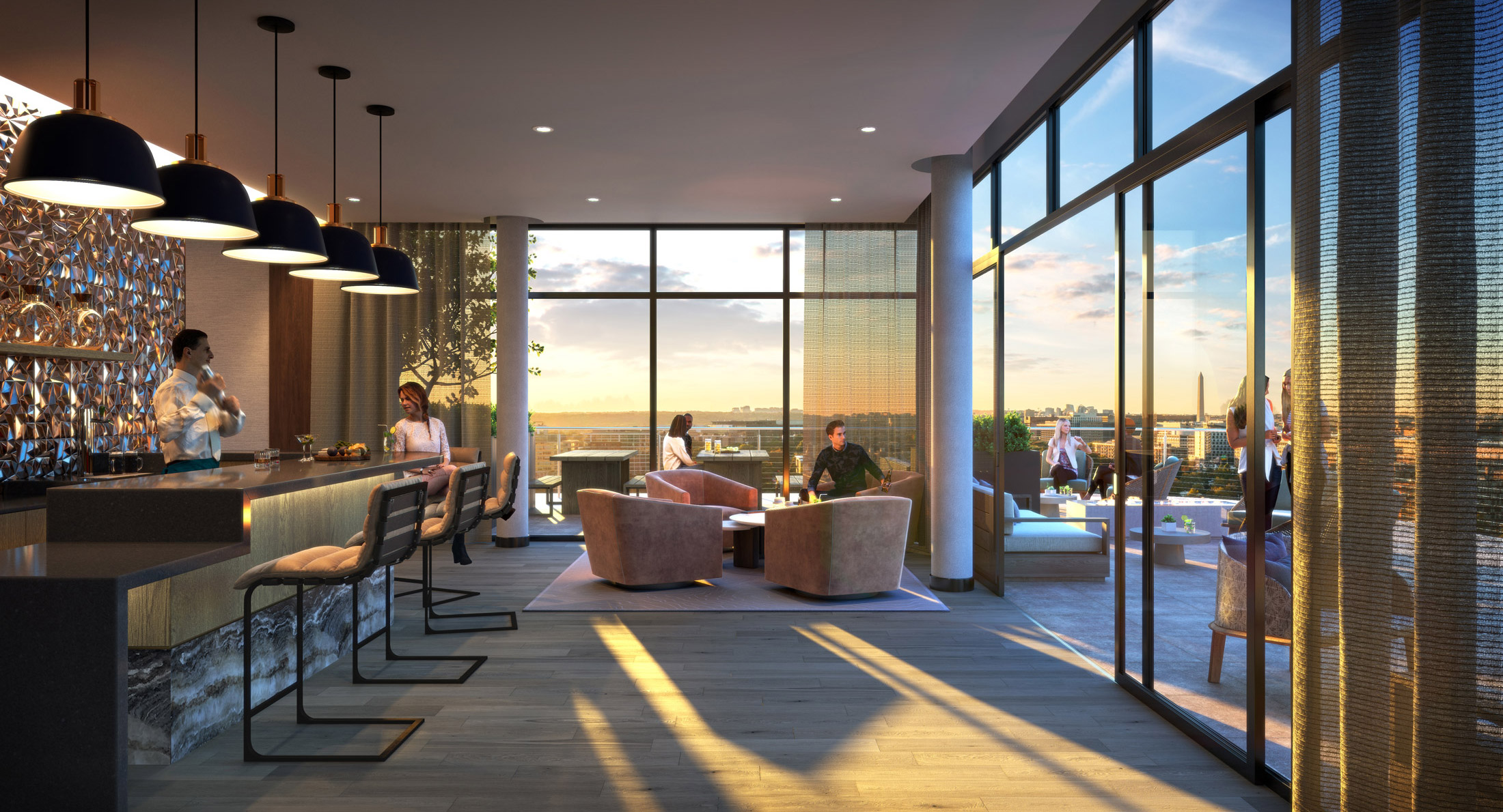 Architectural Rendering of the bar lounge of the 10K Hill South project located in Capitol Riverfront, Washington DC