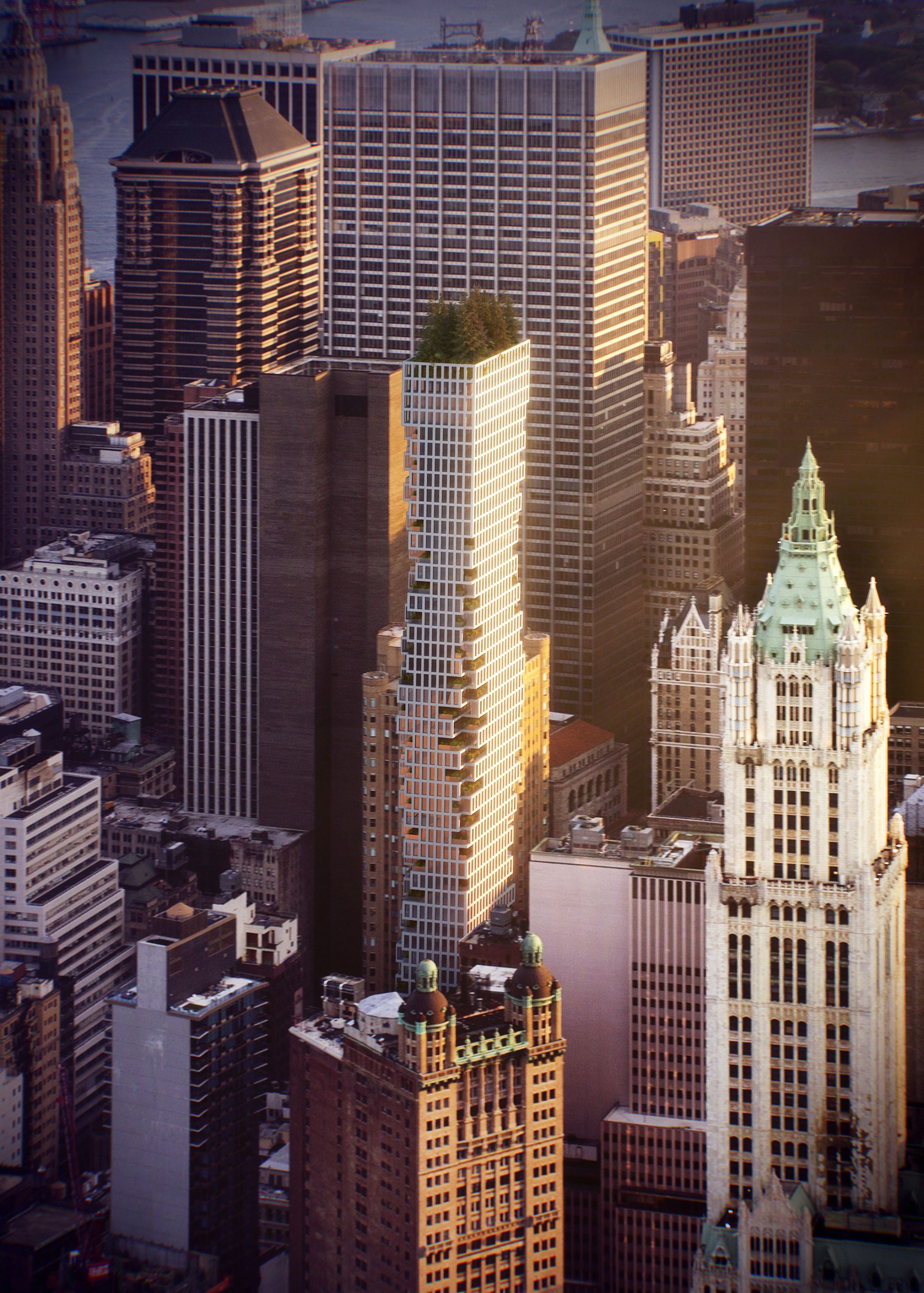 Architectural Rendering of an aerial view of the exterior of the 75 Nassau Street project located in the Financial District, New York City
