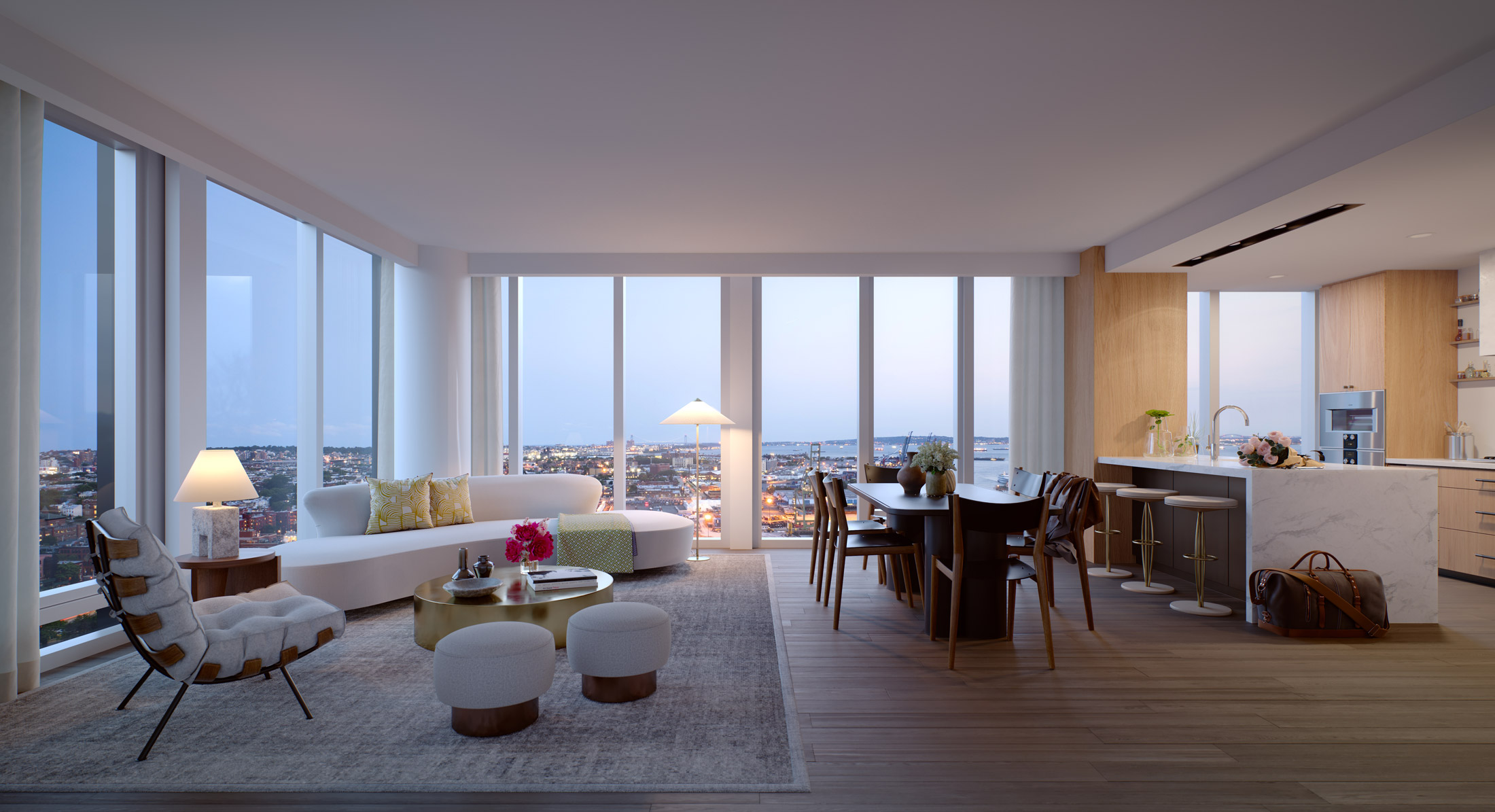 Architectural Rendering of the living room of the The Quay Tower project located in Brooklyn Heights, New York
