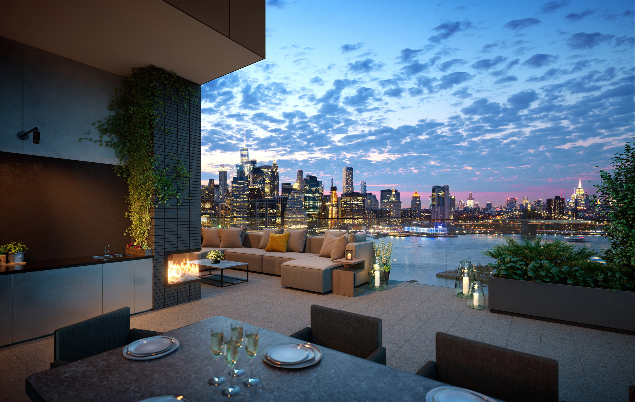 Architectural Rendering of the terrace of the The Quay Tower project located in Brooklyn Heights, New York