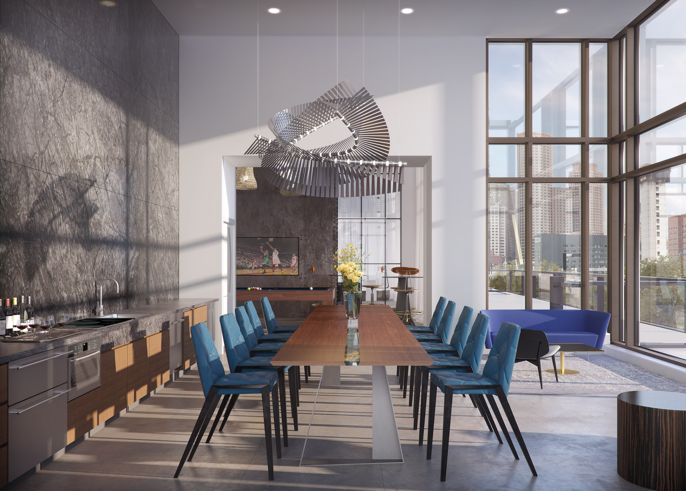 Architectural Rendering of the dining room of the Watermark Seaport project located in Boston, Massachusetts