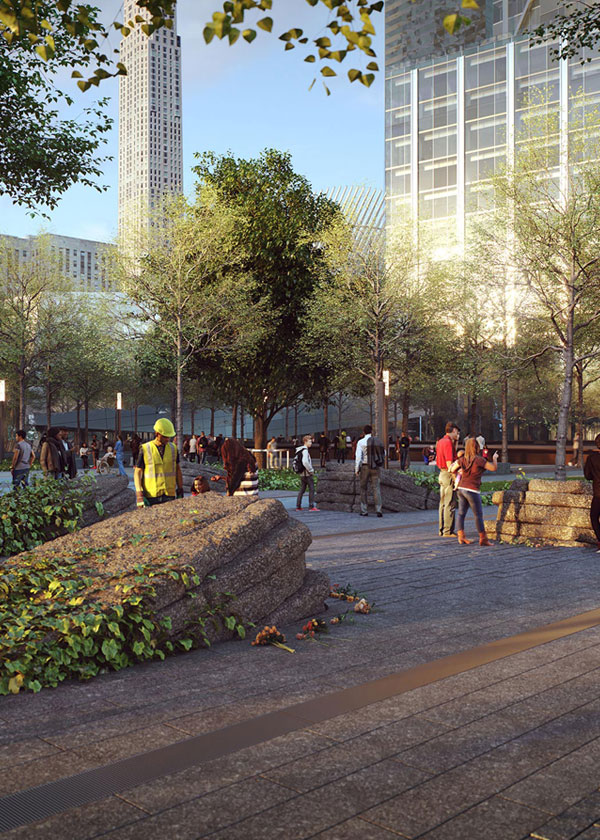Architectural Rendering of the World Trade Center 9/11 Memorial Glade project located in the Financial District, New York City