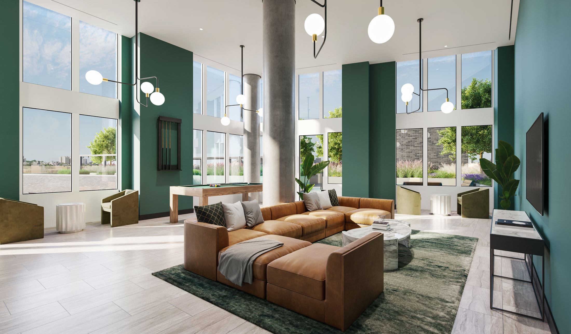Architectural Rendering of the 10th floor lounge of the 595 Dean St project located in Brooklyn, New York
