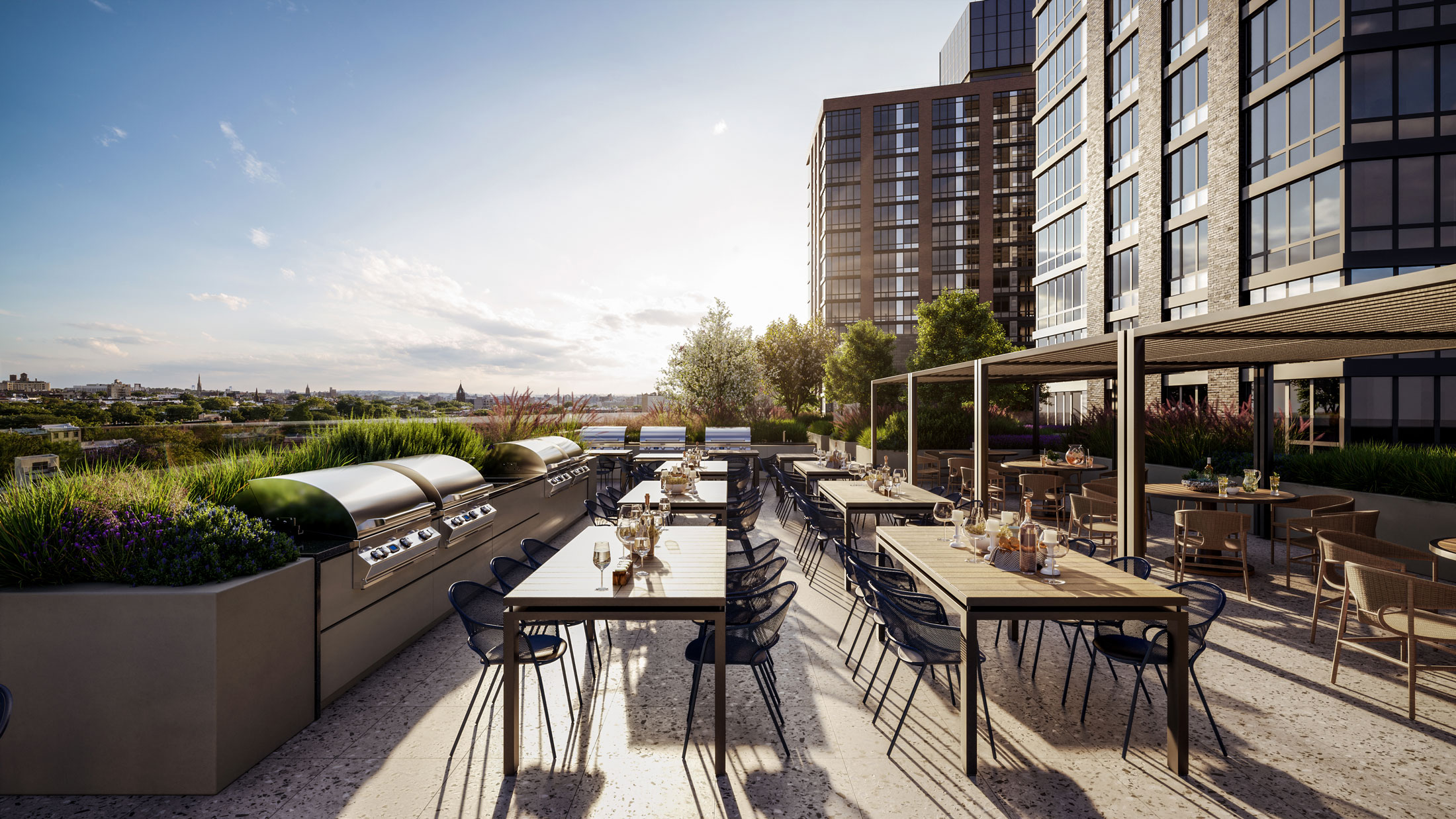Architectural Rendering of the roof deck of the 595 Dean St project located in Brooklyn, New York