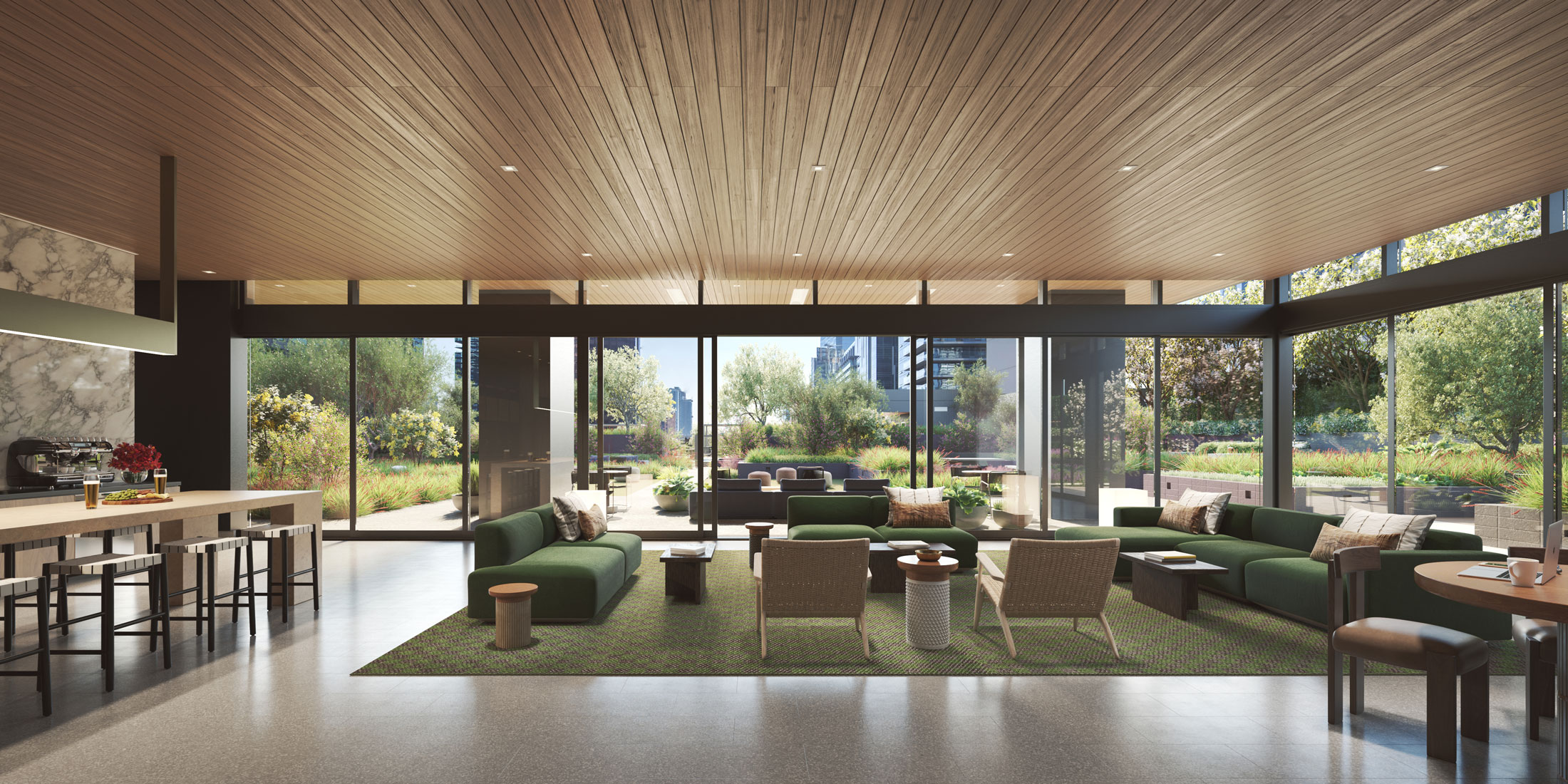 Architectural Rendering of the community room of the 755 South Figueroa Street project located in Los Angeles, California